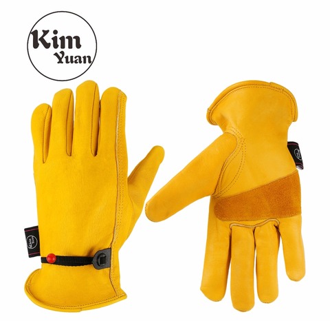 KIMYUAN-guantes de trabajo de piel de vaca dorada para trabajo de yardas/corte/construcción/motocicleta, con hebilla de muñeca, Ajuste libre, unisex, 001 ► Foto 1/6