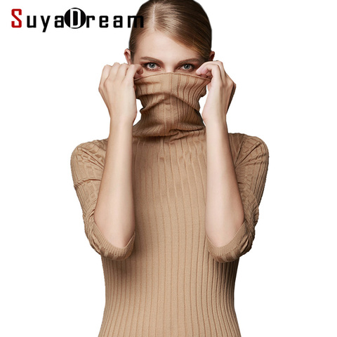 SuyaDream-Jersey de cuello alto de lana para mujer, suéter liso de 100%, color blanco, negro y caqui ► Foto 1/6