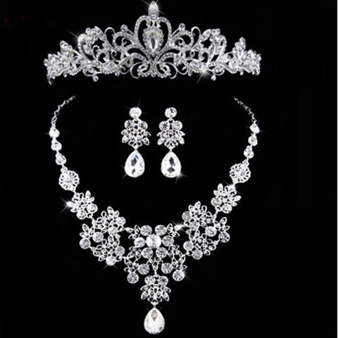 Conjunto de collar y pendientes de cristal para mujer, conjunto de joyería de boda Chapado en K con Tiaras y coronas, Color plata 2022 ► Foto 1/5