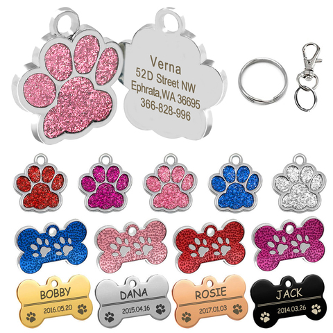 Etiquetas de perro personalizadas grabadas gato cachorro mascota ID nombre etiqueta colgante accesorios para mascotas hueso/pata brillo ► Foto 1/6