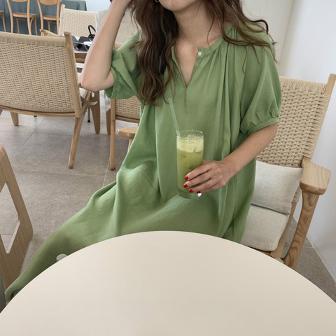 Verano de las mujeres verde Vintage de algodón de lino de cuello V vestido largo suelta de manga corta talla grande vestidos con cinturón de Color sólido ► Foto 1/5