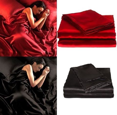 95gsm 4 Pce de lujo Satén de seda suave cama de matrimonio conjunto de sábanas ajustadas-Rojo Negro ► Foto 1/2
