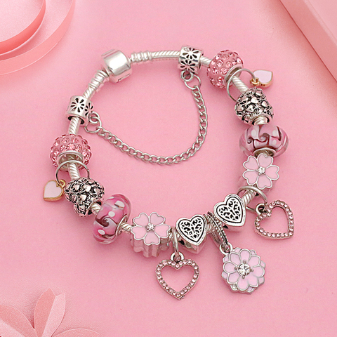 Nuevo estilo Rosa Flor del corazón encanto Pandora pulsera plata Color corazón DIY bolas pulsera brazalete pulsera de las mujeres Pulseira ► Foto 1/5