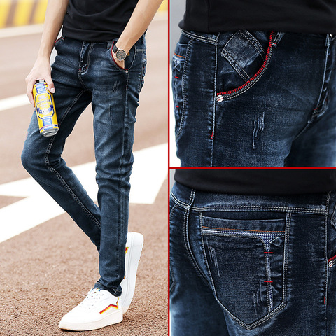 Pantalones vaqueros elásticos para hombre, Jeans ajustados informales de estilo coreano, color azul oscuro ► Foto 1/6