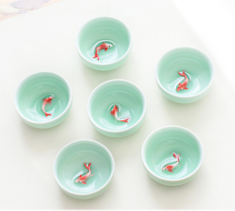 Nuevo diseño 6 uds celadón pez dorado China té kung Fu juego de tazas de té Crackle esmalte de tazón de té chino porcelana taza de té conjunto ► Foto 1/5