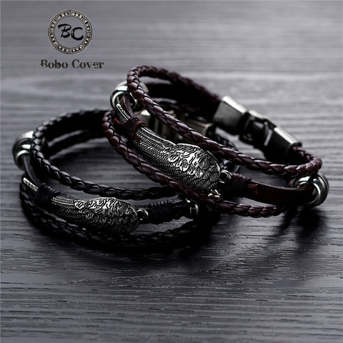 Pulsera de cuero de estilo Vintage con plumas para hombre y mujer, brazalete de color negro y café, con gancho fácil, para parejas ► Foto 1/6