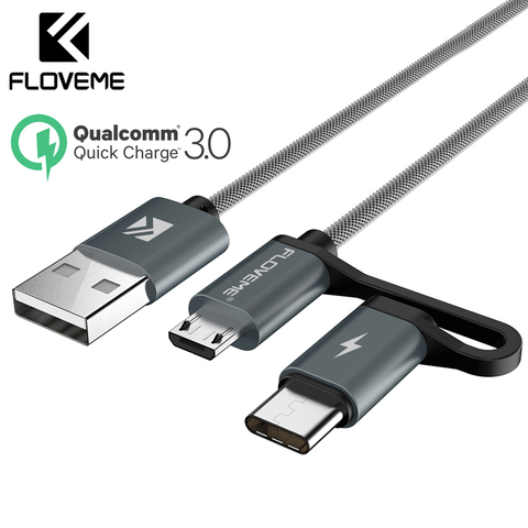 FLOVEME 2 en 1 QC 3,0 Micro USB tipo C Cable de carga rápida tipo C cargador USB-C Cables para Samsung S8 Note 8 S7 Teléfono Cable USB ► Foto 1/6