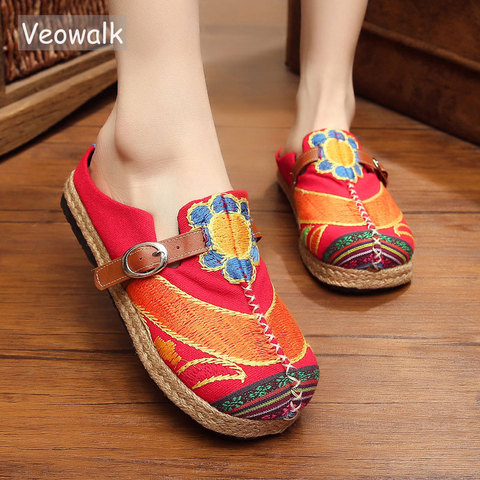 Veowalk-Mules informales de lino para mujer, zapatillas coloridas de arcoíris, tejidas a mano, estilo Retro, cómodas, de lona, para verano ► Foto 1/6