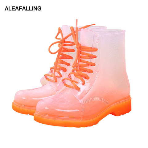 Aleafalling-Botas de lluvia para mujer, zapatos impermeables con cordones para mujer madura, Color caramelo transparente, para exteriores, AWBT41 ► Foto 1/6