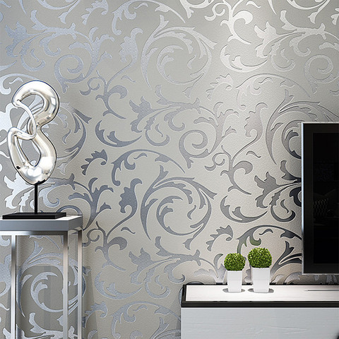 Papel pintado gris 3D victoriano Damasco en relieve rollo decoración del hogar sala de estar revestimientos de pared del dormitorio floral de plata papel de pared de lujo ► Foto 1/5