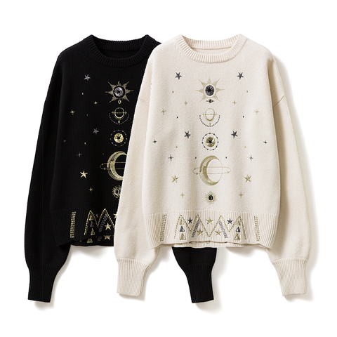 2022 Otoño Invierno negro blanco cósmica estrellas Jacquard de punto de las mujeres, suéter de cuello redondo suéter de gran tamaño, mujer Jersey grueso ► Foto 1/1