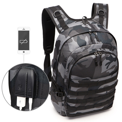 PUBG-Mochila escolar de lona para hombre, morral escolar de lona con estampado de camuflaje para viaje, con conector para auriculares y USB ► Foto 1/6