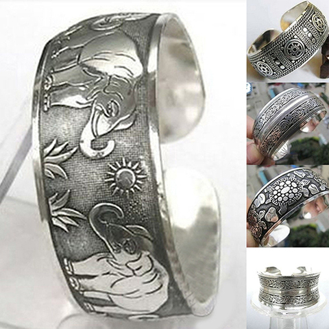 Vintage tibetano plata elefante tallado brazalete abierto brazalete pulsera ancha joyería ► Foto 1/6