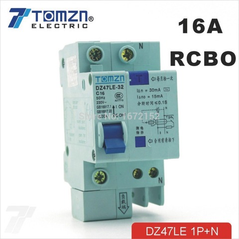 Disyuntor de corriente Residual con protección contra sobrecorriente y fugas, DZ47LE 1P + N 16A C tipo 230V ~ 50HZ/60HZ, RCBO ► Foto 1/1