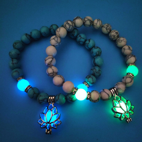 Luminoso que brillan en la oscuridad de la luna flor de loto en forma de pulsera del encanto para las mujeres Yoga oración el budismo joyas con piedras naturales ► Foto 1/6