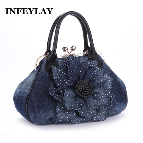 Marca 3D denim rosas flores bolso de hombro en relieve hermosa mujer bolso Casual moda chica mensajero bolsos vestido Vintage bolso ► Foto 1/4