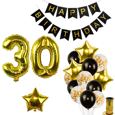 Cartel de Feliz Cumpleaños de oro negro, globos de aluminio con número de helio para bebés, niños y adultos, 18, 30 decoraciones para fiesta de cumpleaños ► Foto 1/6