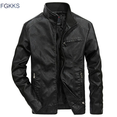 FGKKS-chaqueta de cuero para hombre, chaqueta cálida para motocicleta de piel para hombre, Estilo de motocicleta con cuello levantado ► Foto 1/6