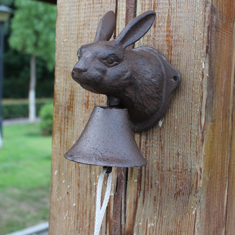 Campana de manivela de hierro fundido para decoración de pared, figuritas de animales de Metal montadas en la cabeza de conejo rústico para puerta de bienvenida, estilo europeo ► Foto 1/6