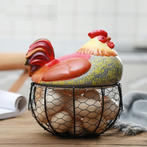 Soporte de cerámica para huevos, alambre de pollo, colección de canasta de frutas, decoración de cerámica para gallinas, almacenamiento de cocina ► Foto 1/6