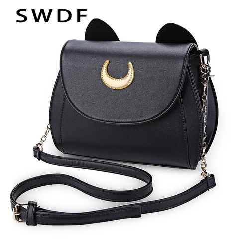 SWDF-Bolso de mano de Sailor Moon para mujer, bandolera pequeña de piel sintética con forma de gato y Luna Negra, bolso de hombro con cadena ► Foto 1/6