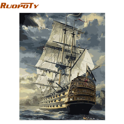 RUOPOTY-Cuadro de paisaje de barco de navegación, pintura artesanal por números, pintura al óleo pintada a mano Vintage, imagen artística de pared para el hogar, 40x50cm ► Foto 1/1