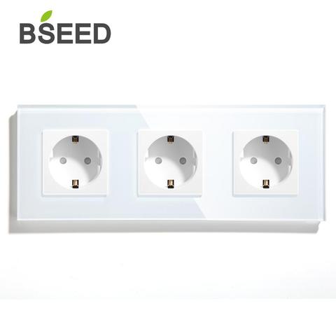 BSEED-Triple toma de corriente, base de enchufes estándar de la UE, con panel de cristal, disponible en blanco, negro y color oro, 110-240V ► Foto 1/6