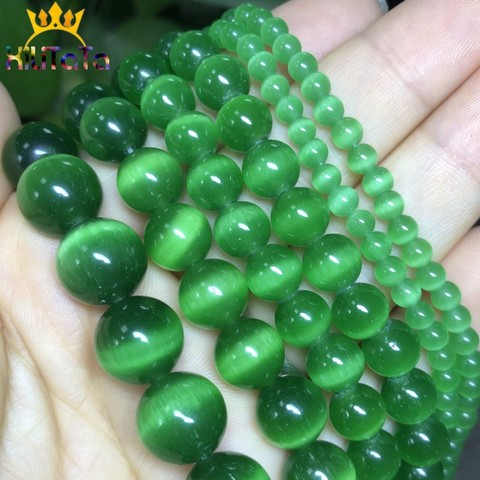 Cuentas de ojo de gato verde oscuro AAA de 4-12mm, cuentas sueltas redondas lisas de alta calidad para fabricación de joyas, piedras de ópalo, pulseras de abalorios DIY de 15