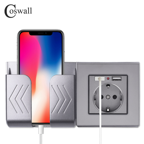 COSWALL-puerto de carga USB Dual, toma de corriente de pared de 16A, enchufe europeo y ruso, Panel de cristal, PC, Color gris mate ► Foto 1/6