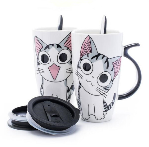 Taza creativa de cerámica de gato de 600 ml con tapa y cuchara de dibujos animados taza de té de leche tazas de porcelana regalos agradables ► Foto 1/6