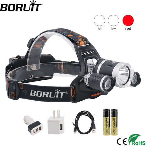 BORUiT XML T6 XPE LED rojo de luz faro 3 Modo USB cargador de linterna de caza linterna Camping linterna por 18650 batería ► Foto 1/6