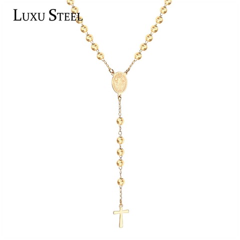 LUXUSTEEL Cruz con cuentas collar de acero inoxidable longitud 52cm + 7cm Rosario Christian religiosa católica collar largo de joyas de las mujeres ► Foto 1/6