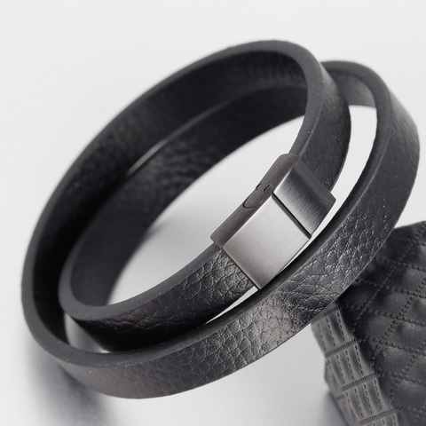 Pulsera de cuero negro para hombre y mujer, joyería de estilo Simple, brazalete de hebilla magnética de acero inoxidable negro ► Foto 1/6