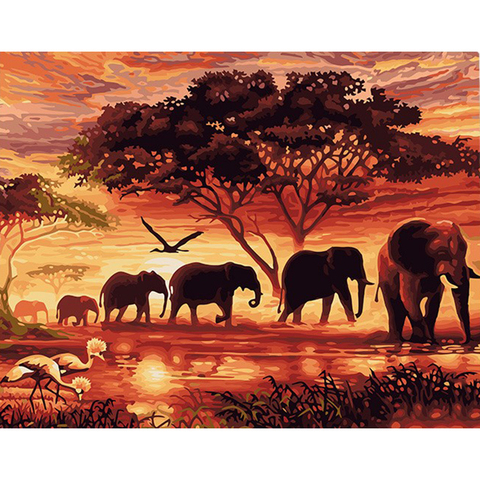 CHENISTORY-pintura por números de animales de elefantes al atardecer, arte de pared moderno pintado a mano, cuadro acrílico para decoración del hogar, 40x50cm ► Foto 1/6