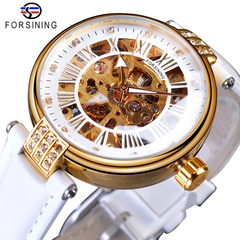 Forsining-reloj mecánico automático de oro blanco para mujer, de pulsera, reloj de esqueleto, vestido de cuero para mujeres ► Foto 1/6