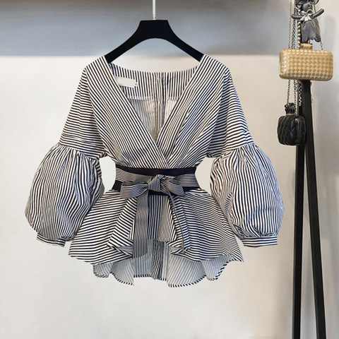 Blusa con manga de linterna para mujer, camisa a rayas con lazo de estilo coreano a la moda para verano, 2022 ► Foto 1/6