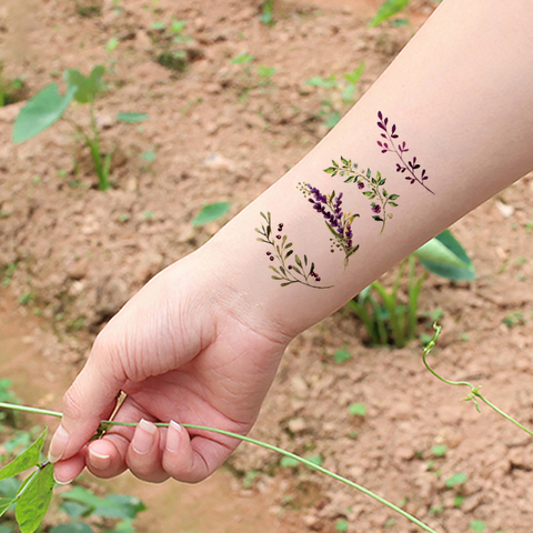 Pegatina de tatuaje temporal a prueba de agua para niña y mujer, tatuajes falsos de hoja de lavanda púrpura, planta, tatuaje flash ► Foto 1/6