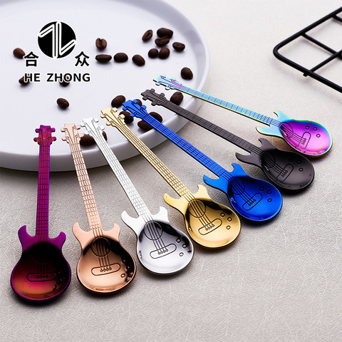 De acero inoxidable en forma de guitarra, amor, cuchara de café y te cuchara infantil, nuevo y bonito en 7 colores uso en té y café, 1 Uds. ► Foto 1/6