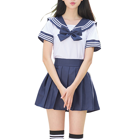 Conjunto de uniforme escolar de marinero, uniformes escolares JK para niñas, camisa blanca y falda azul oscuro, Cosplay para estudiantes ► Foto 1/6