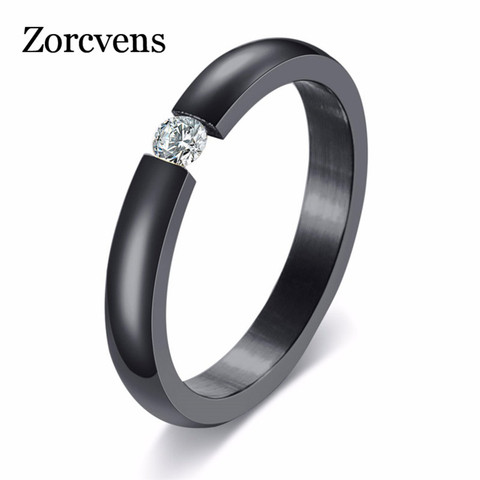 ZORCVENS-anillos de boda para mujer, 3mm, Simple, alto pulido, 4 colores, acero inoxidable, Circonia cúbica, piedra de compromiso ► Foto 1/6