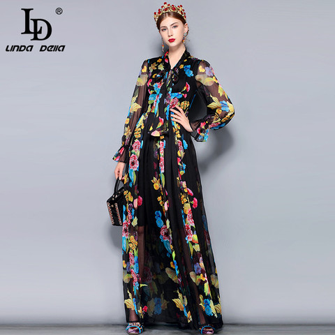 LD LINDA DELLA pista Maxi vestido de talla grande de manga larga de las mujeres arco Collar Vintage de gasa con estampado Floral, fiesta vestido largo para vacaciones ► Foto 1/6