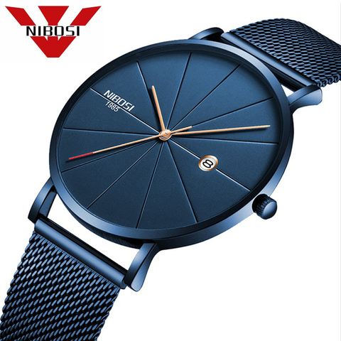 NIBOSI-relojes clásicos para hombres, de acero inoxidable, azul, ultrafino, de cuarzo, con fecha de lujo, Masculino ► Foto 1/6