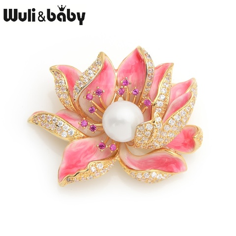 Wuli & baby-broches de flores de loto de cobre, perlas de imitación, para bodas, banquetes, alfileres de lujo, regalos ► Foto 1/5