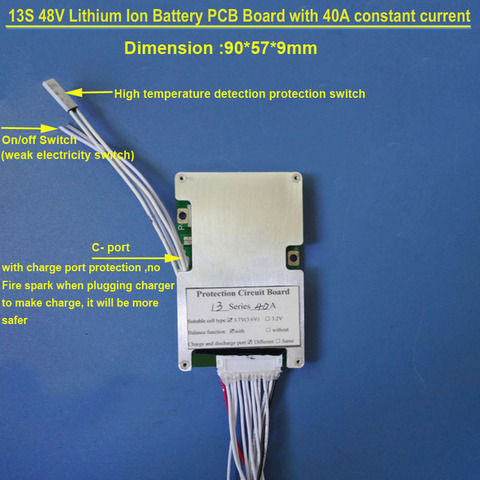 48 V 13 S PCB board 54,6 V con corriente de descarga constante 30A 40A y bms con interruptor de encendido apagado para litio 18650 o batería Lipo BMS ► Foto 1/6