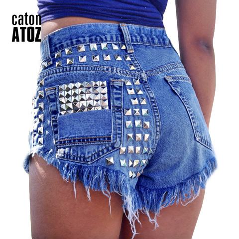 CatonATOZ 1993 mujeres moda marca Vintage Tassel remache rasgado alta cintura pantalones cortos Punk Sexy Hot Woman Denim Shorts ► Foto 1/6