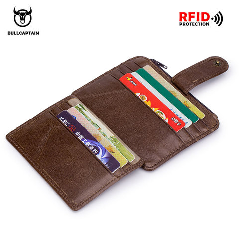 BULLCAPTAIN cuero genuino RFID bloqueo de la cremallera titular de la tarjeta de crédito carrito de la cartera mini slim Wallet y portadores de identificación hombre de negocios ► Foto 1/6