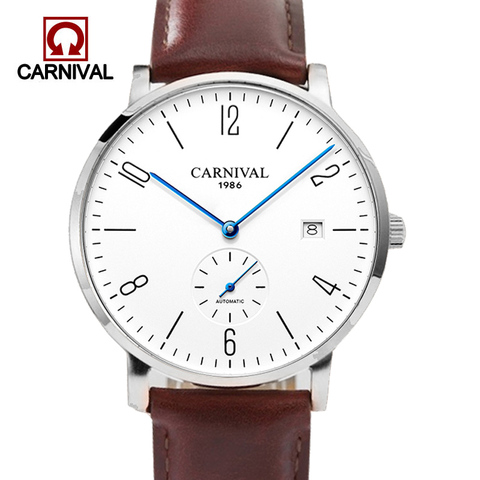 Carnaval reloj automático de los hombres reloj de pulsera de acero inoxidable de negocios calkskin cuero moda casual buceo 30 m auto fecha reloj hombre ► Foto 1/1