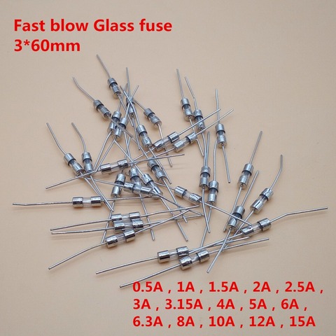 Fusible de vidrio de soplado rápido 20 piezas, 3,6x10mm, 3,6 V, 0.1A, 0.5A, 1A, 2A, 3A, 3.15A, 4A, 5A, 6A, 8A, 10A, 12A, 15A ► Foto 1/2