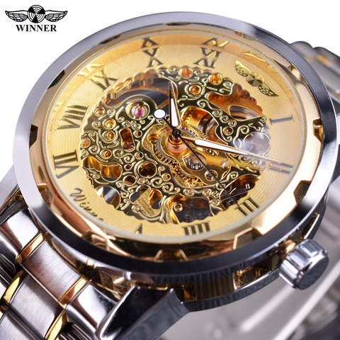 Winner-Reloj de pulsera de diseño clásico para hombre, con funda transparente y movimiento dorado, con esqueleto interno, mecánico de lujo ► Foto 1/6