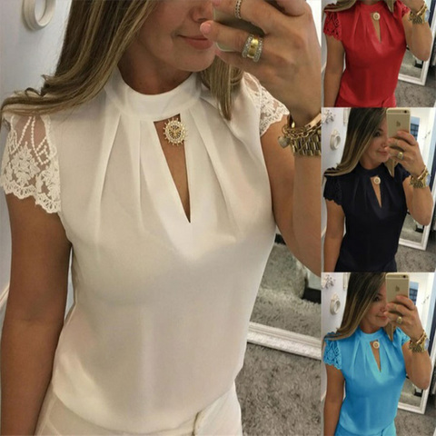 Blusa informal de Chifón con manga corta para mujer, ropa con cuello en V, combinación de telas de encaje, con cremallera trasera, de talla grande ► Foto 1/6